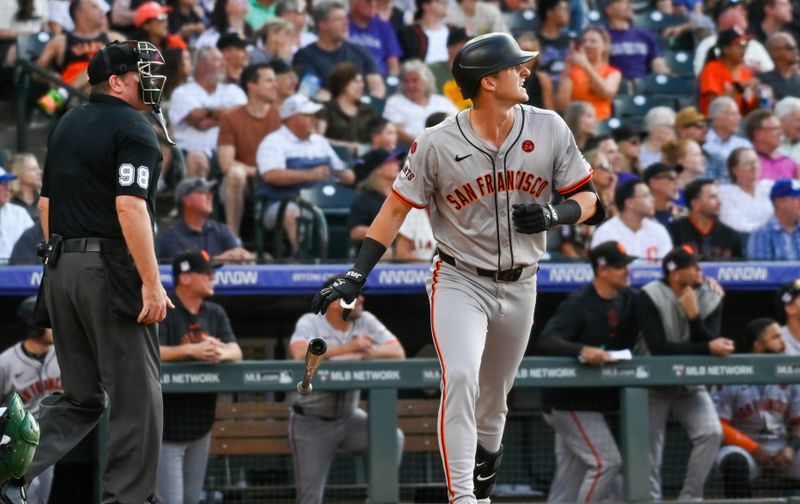 Jul 20, 2024; Denver, Colorado, USA; San Francisco Giants outfielder Tyler Fitzgerald (49) watches the flight of his home run against the Colorado Rockies in the third inning at Coors Field. Mandatory Credit: John Leyba-USA TODAY Sports