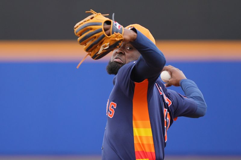 Mar 23, 2024; Port St. Lucie, Florida, USA;  Houston Astros starting pitcher Cristian Javier (53) warms-up in the first inning against the New York Mets at Clover Park. Mandatory Credit: Jim Rassol-USA TODAY Sports