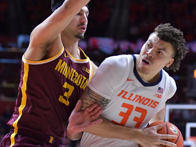 Feb 28, 2024; Champaign, Illinois, USA; Illinois Fighting Illini forward Coleman Hawkins (33) drives the ball against Minnesota Golden Gophers forward Dawson Garcia (3) during the first half at State Farm Center. Mandatory Credit: Ron Johnson-USA TODAY Sports