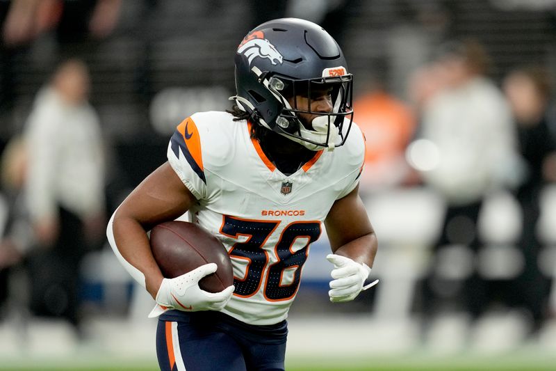 Denver Broncos running back Jaleel McLaughlin warms up prior to an NFL football game against the Las Vegas Raiders, Sunday, Nov. 24, 2024, in Las Vegas. (AP Photo/John Locher)