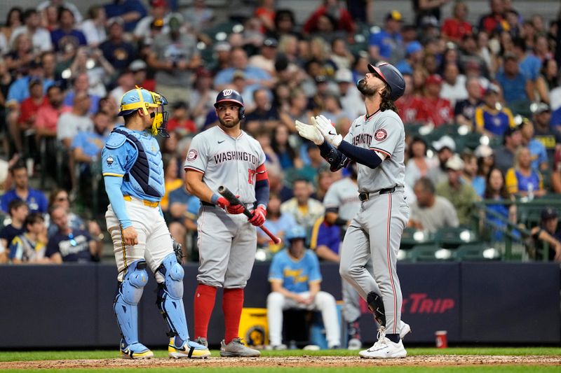 Jul 12, 2024; Milwaukee, Wisconsin, USA;  Washington Nationals designated hitter Jesse Winker (6) celebrates after hitting a home run during the fifth inning against the Milwaukee Brewers at American Family Field. Mandatory Credit: Jeff Hanisch-USA TODAY Sports