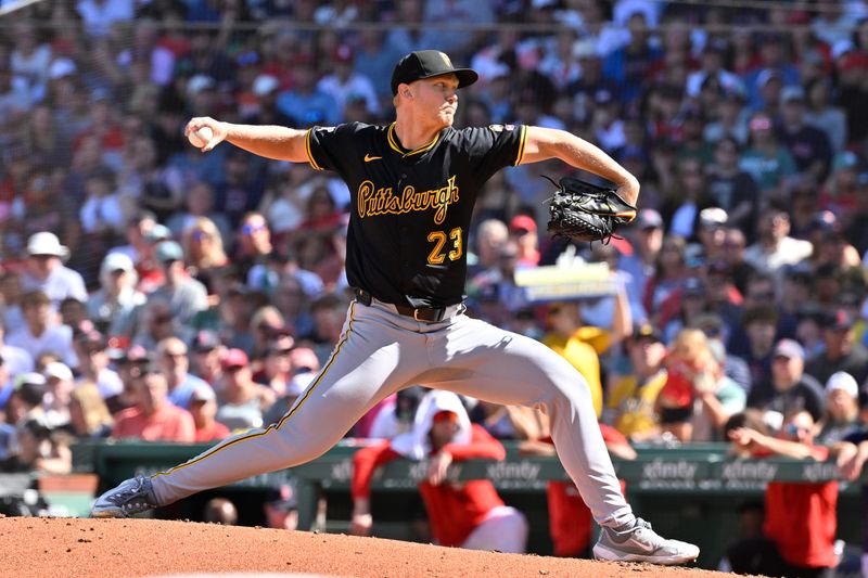 Aug 31, 2025; Boston, Massachusetts, USA; Pittsburgh Pirates starting pitcher Mitch Keller (23) pitches against the Boston Red Sox during the fourth inning at Fenway Park. Mandatory Credit: Eric Canha-Imagn Images