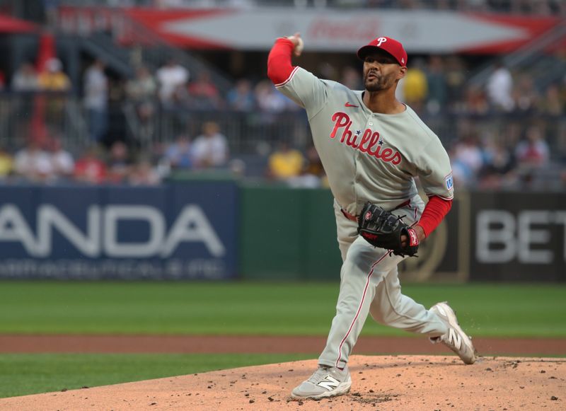 Jun 6, 2025; Pittsburgh, Pennsylvania, USA;  Philadelphia Phillies starting pitcher Joe Ross (41) delivers a pitch against the Pittsburgh Pirates during the first inning at PNC Park. Mandatory Credit: Charles LeClaire-Imagn Images