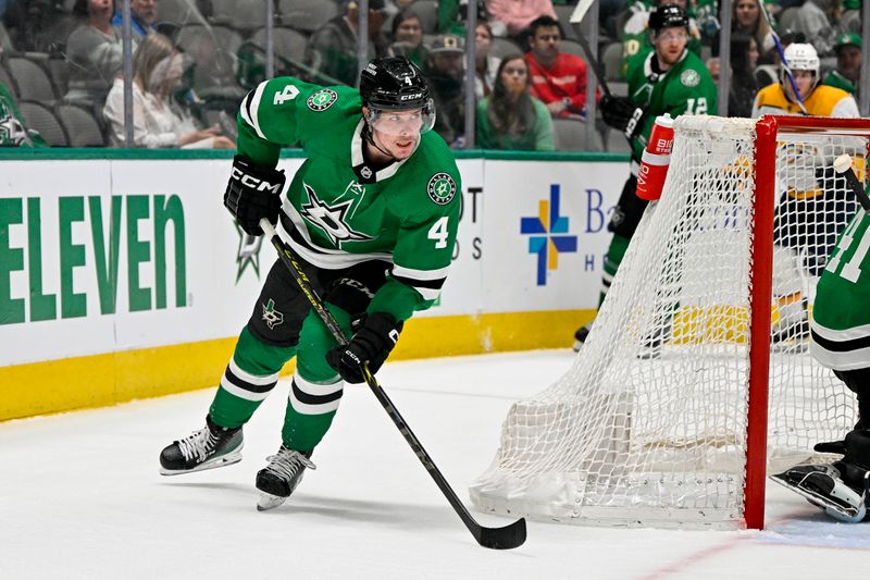 Apr 3, 2023; Dallas, Texas, USA; Dallas Stars defenseman Miro Heiskanen (4) skates against the Nashville Predators during the first period at the American Airlines Center. Mandatory Credit: Jerome Miron-USA TODAY Sports