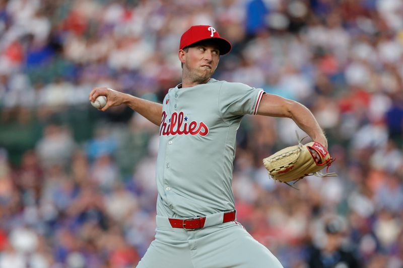 Jul 2, 2024; Chicago, Illinois, USA; Philadelphia Phillies starting pitcher Michael Mercado (63) delivers a pitch against the Chicago Cubs during the first inning at Wrigley Field. Mandatory Credit: Kamil Krzaczynski-USA TODAY Sports