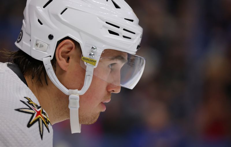 Mar 2, 2024; Buffalo, New York, USA;  Vegas Golden Knights defenseman Zach Whitecloud (2) waits for the face-off during the second period against the Buffalo Sabres at KeyBank Center. Mandatory Credit: Timothy T. Ludwig-USA TODAY Sports