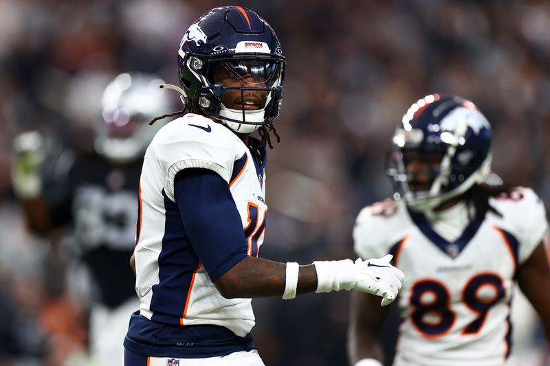 Denver Broncos wide receiver Jerry Jeudy runs to the sidelines during an NFL football game against the Las Vegas Raiders Sunday, Jan. 7, 2024, in Las Vegas. (AP Photo/Ellen Schmidt)