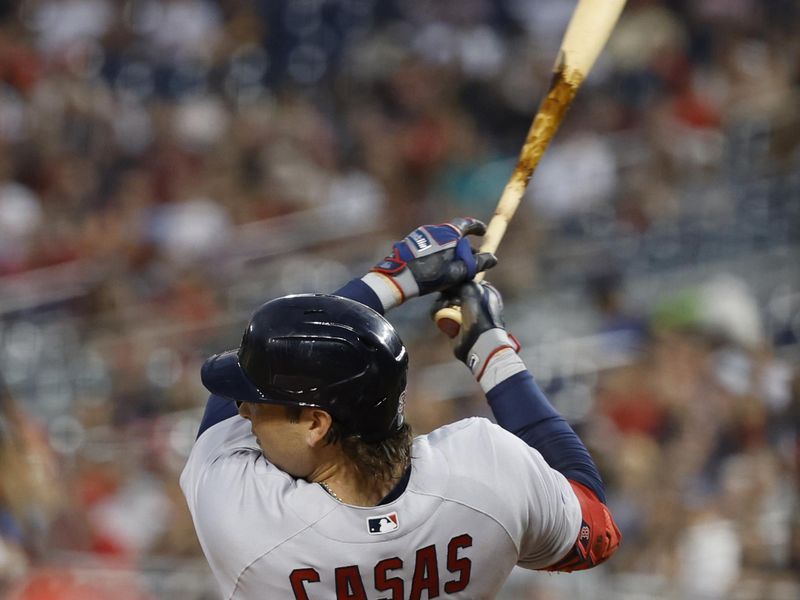 Aug 15, 2023; Washington, District of Columbia, USA; Boston Red Sox first baseman Triston Casas (36) hits a two run single against the Washington Nationals during the third inning at Nationals Park. Mandatory Credit: Geoff Burke-USA TODAY Sports