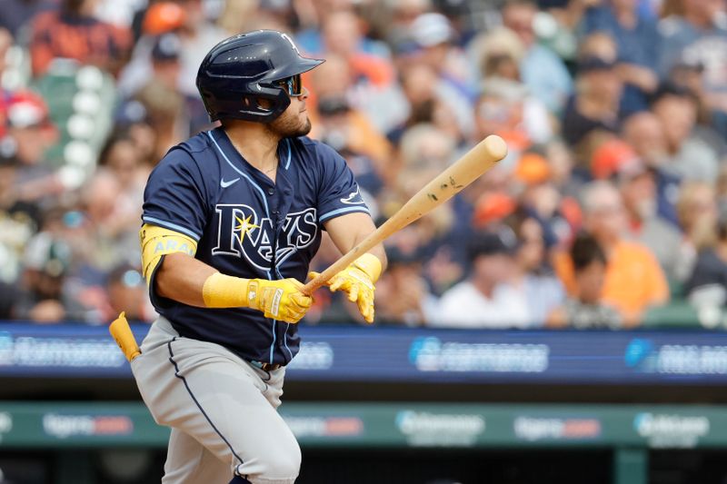 Sep 26, 2024; Detroit, Michigan, USA;  Tampa Bay Rays first baseman Jonathan Aranda (62) hits a double in the sixth inning against the Detroit Tigers at Comerica Park. Mandatory Credit: Rick Osentoski-Imagn Images