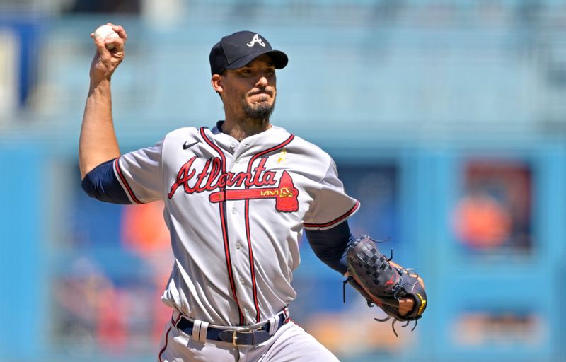 Sep 3, 2023; Los Angeles, California, USA;  Atlanta Braves starting pitcher Charlie Morton (50) throws a pitch in the fourth inning against the Los Angeles Dodgers at Dodger Stadium. Mandatory Credit: Jayne Kamin-Oncea-USA TODAY Sports