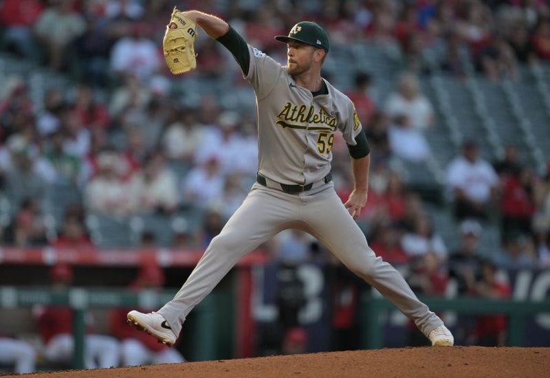 Jun 9, 2025; Anaheim, California, USA;   Athletics starting pitcher Jeffrey Springs (58) delivers to the plate in the third inning against the Los Angeles Angels at Angel Stadium. Mandatory Credit: Jayne Kamin-Oncea-Imagn Images