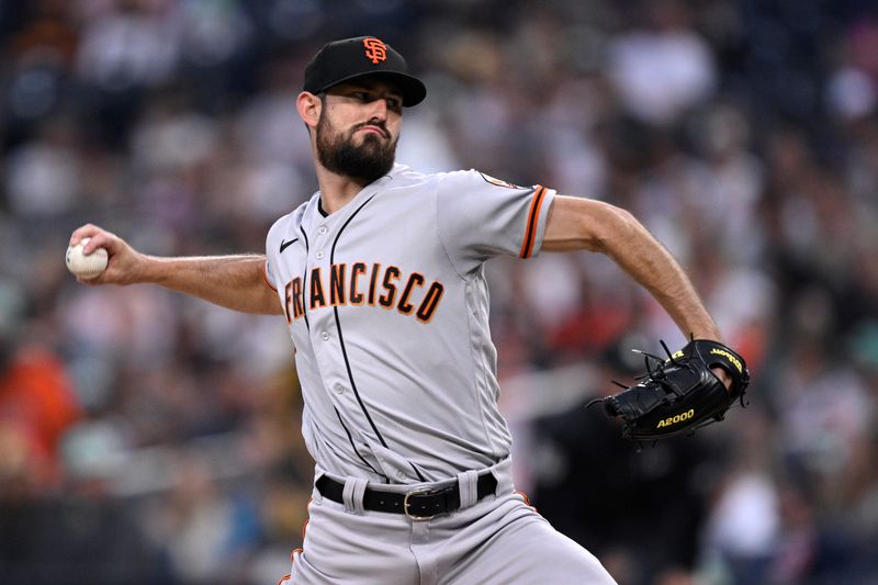 Sep 1, 2023; San Diego, California, USA; San Francisco Giants starting pitcher Tristan Beck (43) throws a pitch against the San Diego Padres during the first inning at Petco Park. Mandatory Credit: Orlando Ramirez-USA TODAY Sports