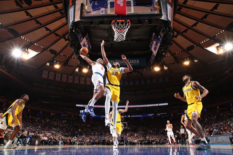 NEW YORK, NY - MAY 19: Miles McBride #2 of the New York Knicks drives to the basket during the game  against the Indiana Pacers during Round 2 Game 7 of the 2024 NBA Playoffs on May 19, 2024 at Madison Square Garden in New York City, New York.  NOTE TO USER: User expressly acknowledges and agrees that, by downloading and or using this photograph, User is consenting to the terms and conditions of the Getty Images License Agreement. Mandatory Copyright Notice: Copyright 2024 NBAE  (Photo by Nathaniel S. Butler/NBAE via Getty Images)