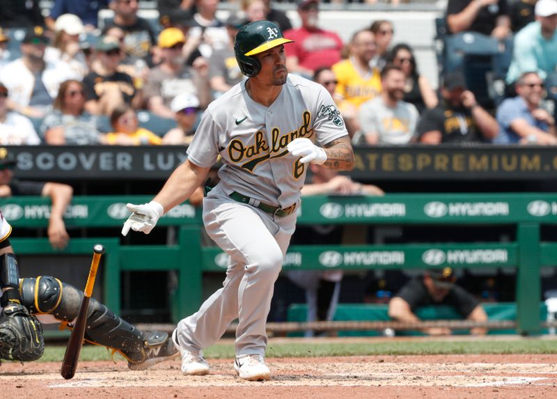 Jun 7, 2023; Pittsburgh, Pennsylvania, USA;  Oakland Athletics second baseman Jace Peterson (6) hits a single against the Pittsburgh Pirates during the sixth inning at PNC Park. Mandatory Credit: Charles LeClaire-USA TODAY Sports