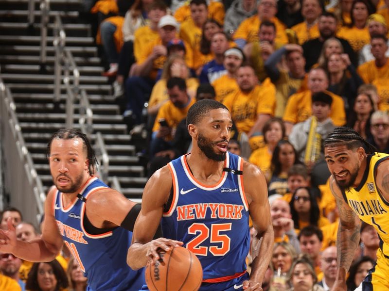 INDIANAPOLIS, IN - MAY 25:  Mikal Bridges #25 of the New York Knicks dribbles the ball during the game against the Indiana Pacers  during Game 3 of the 2025 Eastern Conference Finals on May 25, 2025 at Gainbridge Fieldhouse in Indianapolis, Indiana. NOTE TO USER: User expressly acknowledges and agrees that, by downloading and or using this Photograph, user is consenting to the terms and conditions of the Getty Images License Agreement. Mandatory Copyright Notice: Copyright 2025 NBAE (Photo by Nathaniel S. Butler/NBAE via Getty Images)