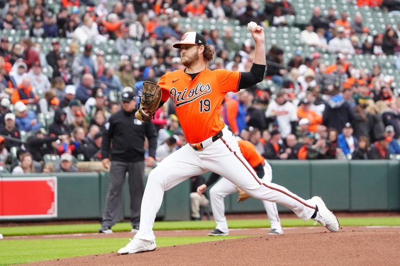 Apr 27, 2024; Baltimore, Maryland, USA; Baltimore Orioles pitcher Cole Irvin (19) delivers a pitch against the Oakland Athletics during the first inning at Oriole Park at Camden Yards. Mandatory Credit: Gregory Fisher-USA TODAY Sports