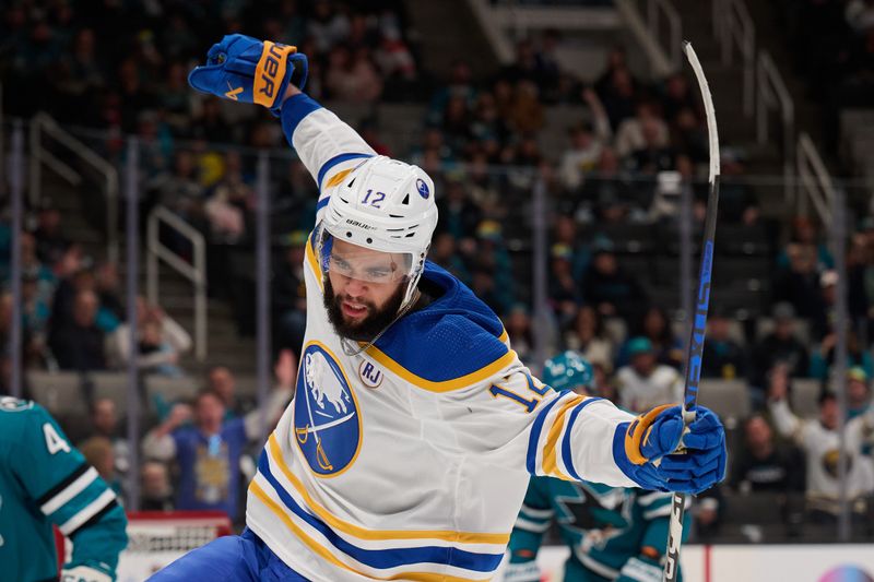 Jan 27, 2024; San Jose, California, USA; Buffalo Sabres left wing Jordan Greenway (12) reacts after scoring a goal against the San Jose Sharks during the first period at SAP Center at San Jose. Mandatory Credit: Robert Edwards-USA TODAY Sports