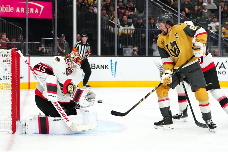 Nov 26, 2025; Las Vegas, Nevada, USA; Ottawa Senators goaltender Linus Ullmark (35) makes a save as Vegas Golden Knights right wing Mark Stone (61) attempts a deflection during the first period at T-Mobile Arena. Mandatory Credit: Stephen R. Sylvanie-Imagn Images