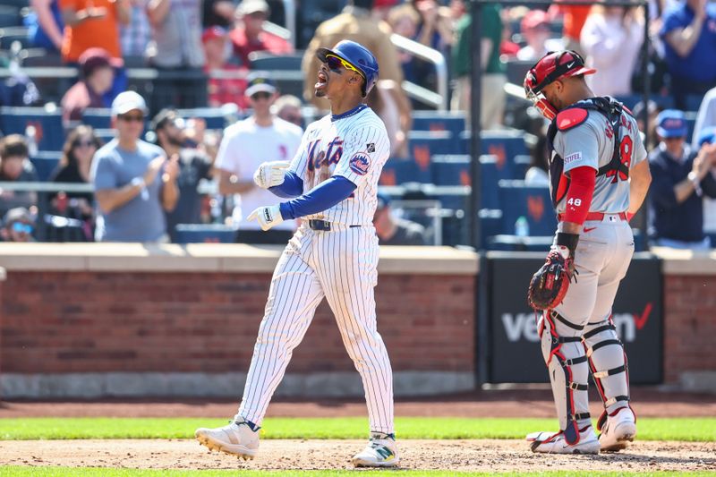 Apr 28, 2024; New York City, New York, USA;  New York Mets shortstop Francisco Lindor (12) celebrates after hitting a solo home run in the sixth inning against the St. Louis Cardinals at Citi Field. Mandatory Credit: Wendell Cruz-USA TODAY Sports