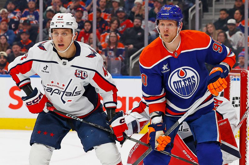 Jan 21, 2025; Edmonton, Alberta, CAN; Edmonton Oilers forward Corey Perry (90) and Washington Capitals defensemen Martin Fehervary (42) battle for position during the first period at Rogers Place. Mandatory Credit: Perry Nelson-Imagn Images