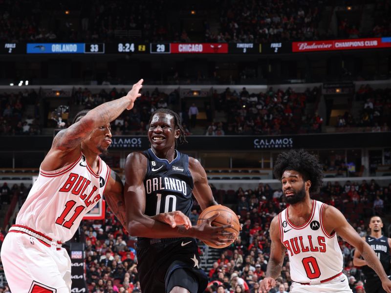 CHICAGO, IL - FERUARY 13: Bol Bol #10 of the Orlando Magic drives to the basket during the game against the Chicago Bulls on February 13, 2023 at United Center in Chicago, Illinois. NOTE TO USER: User expressly acknowledges and agrees that, by downloading and or using this photograph, User is consenting to the terms and conditions of the Getty Images License Agreement. Mandatory Copyright Notice: Copyright 2023 NBAE (Photo by Jeff Haynes/NBAE via Getty Images)