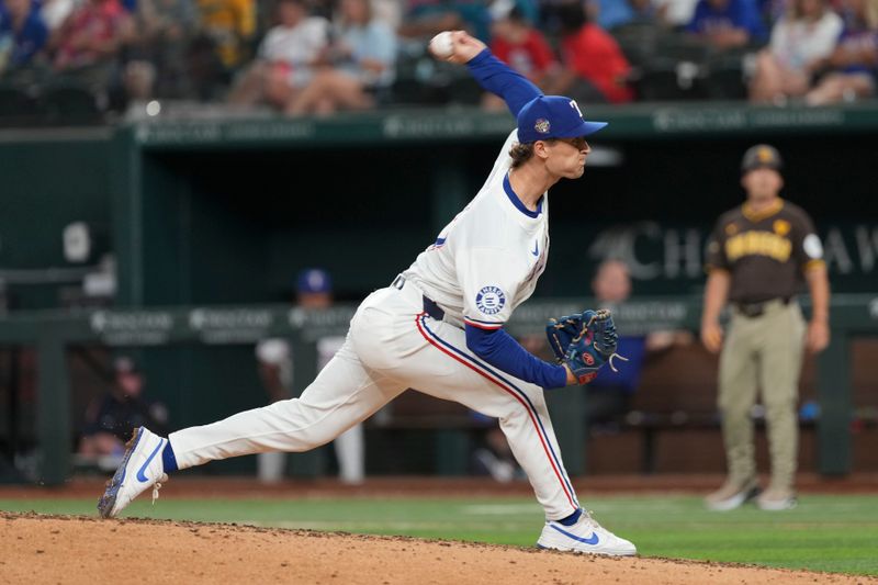 Jul 3, 2024; Arlington, Texas, USA; Texas Rangers relief pitcher Jacob Latz (67) delivers a pitch to the San Diego Padres during the sixth inning at Globe Life Field. Mandatory Credit: Jim Cowsert-USA TODAY Sports