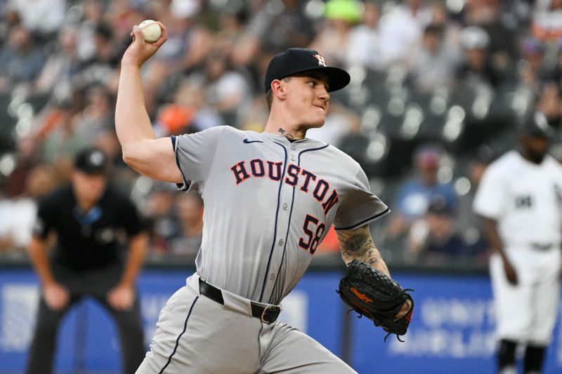 Jun 19, 2024; Chicago, Illinois, USA;  Houston Astros pitcher Hunter Brown (58) delivers against the Chicago White Sox during the first inning at Guaranteed Rate Field. Mandatory Credit: Matt Marton-USA TODAY Sports