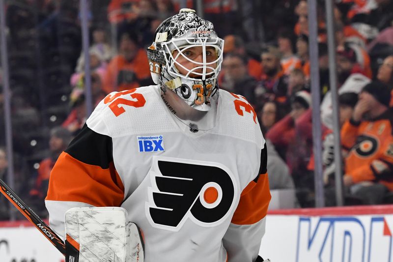 Mar 2, 2024; Philadelphia, Pennsylvania, USA; Philadelphia Flyers goaltender Felix Sandstrom (32) against the Ottawa Senators during the second period at Wells Fargo Center. Mandatory Credit: Eric Hartline-USA TODAY Sports