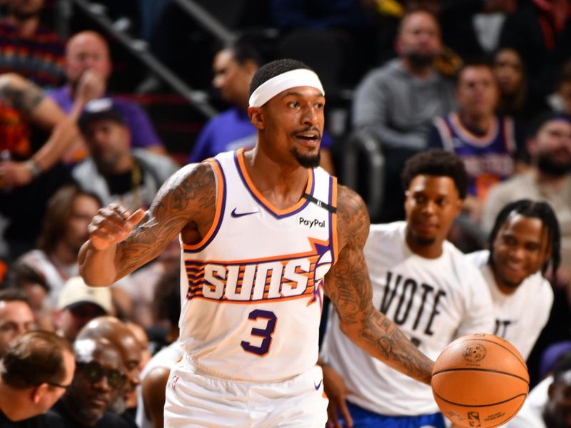 PHOENIX, AZ - NOVEMBER 4: Bradley Beal #3 of the Phoenix Suns dribbles the ball during the game against the Philadelphia 76ers on November 4, 2024 at Footprint Center in Phoenix, Arizona. NOTE TO USER: User expressly acknowledges and agrees that, by downloading and or using this photograph, user is consenting to the terms and conditions of the Getty Images License Agreement. Mandatory Copyright Notice: Copyright 2024 NBAE (Photo by Barry Gossage/NBAE via Getty Images)