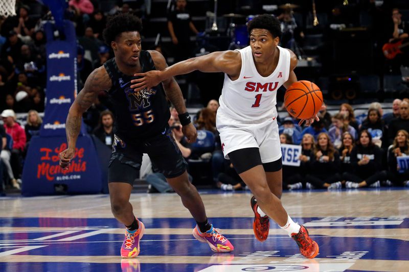 Jan 26, 2023; Memphis, Tennessee, USA; Southern Methodist Mustangs guard Zhuric Phelps  (1) dribbles as Memphis Tigers guard Damaria Franklin (55) defends during the second half at FedExForum. Mandatory Credit: Petre Thomas-USA TODAY Sports