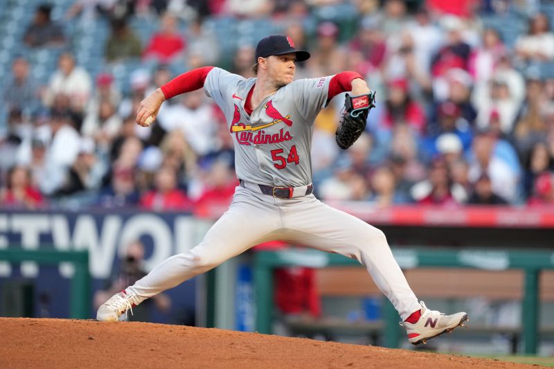 May 14, 2024; Anaheim, California, USA; St. Louis Cardinals pitcher Sonny Gray (54) throws in the first inning against the Los Angeles Angels at Angel Stadium. Mandatory Credit: Kirby Lee-USA TODAY Sports