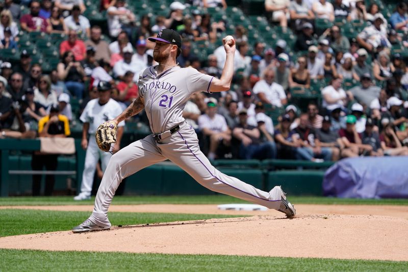 Jun 30, 2024; Chicago, Illinois, USA; Colorado Rockies pitcher Kyle Freeland (21) throws the ball against the Chicago White Sox during the first inning at Guaranteed Rate Field. Mandatory Credit: David Banks-USA TODAY Sports