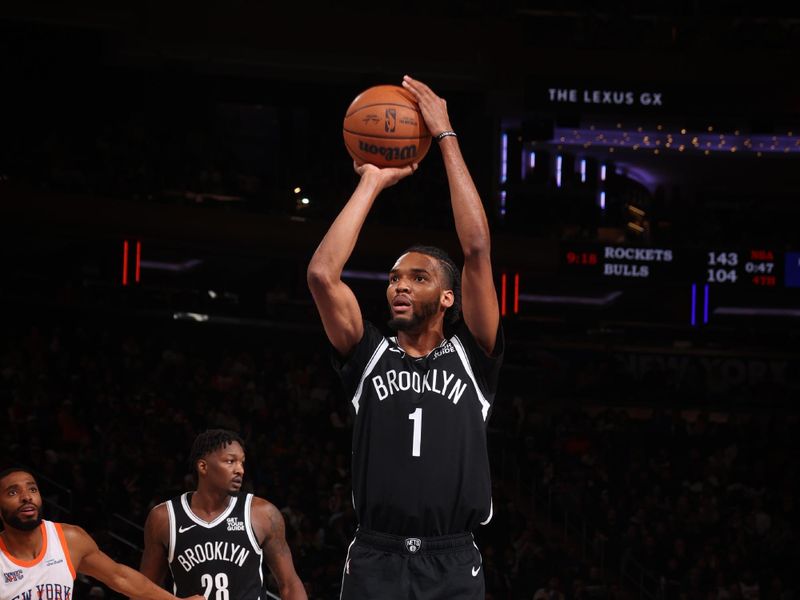 NEW YORK, NY - NOVEMBER 17: Ziaire Williams #1 of the Brooklyn Nets shoots a free throw during the game against the New York Knicks on November 17, 2024 at Madison Square Garden in New York City, New York.  NOTE TO USER: User expressly acknowledges and agrees that, by downloading and or using this photograph, User is consenting to the terms and conditions of the Getty Images License Agreement. Mandatory Copyright Notice: Copyright 2024 NBAE  (Photo by Nathaniel S. Butler/NBAE via Getty Images)