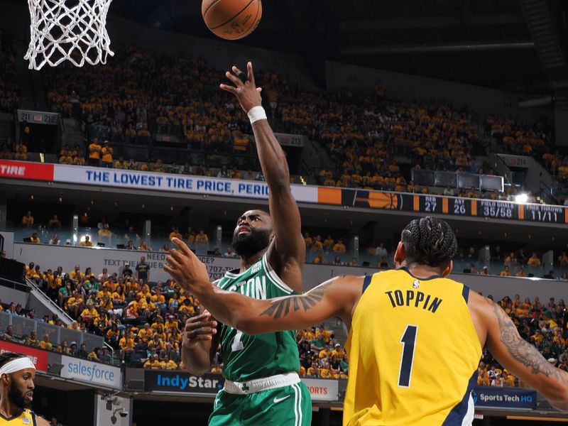 INDIANAPOLIS, IN - MAY 25: Jaylen Brown #7 of the Boston Celtics drives to the basket during the game  against the Indiana Pacers during Game 3 of the Eastern Conference Finals on May 25, 2024 at Gainbridge Fieldhouse in Indianapolis, Indiana. NOTE TO USER: User expressly acknowledges and agrees that, by downloading and or using this Photograph, user is consenting to the terms and conditions of the Getty Images License Agreement. Mandatory Copyright Notice: Copyright 2024 NBAE (Photo by Ron Hoskins/NBAE via Getty Images)
