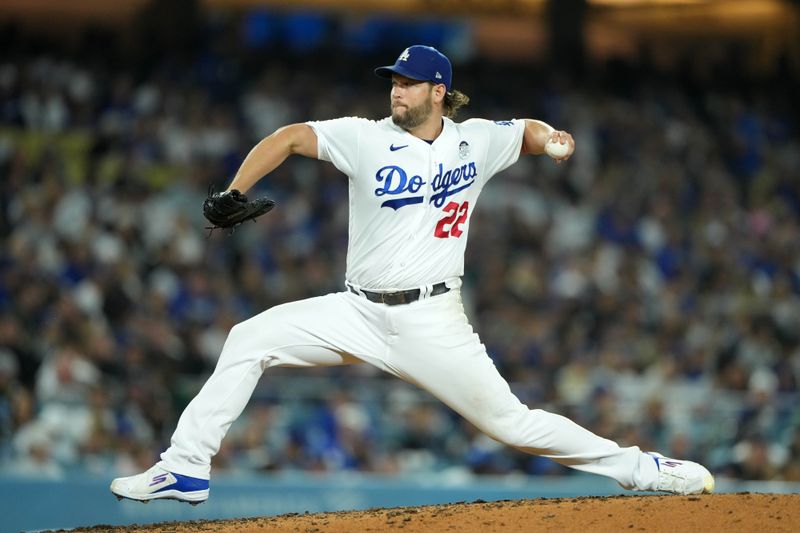 Jun 2, 2023; Los Angeles, California, USA; Los Angeles Dodgers starting pitcher Clayton Kershaw (22) throws in the sixth inning against the New York Yankees at Dodger Stadium. Mandatory Credit: Kirby Lee-USA TODAY Sports