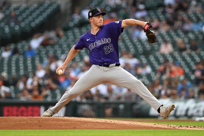 Sep 11, 2024; Detroit, Michigan, USA; Colorado Rockies starting pitcher Tanner Gordon (29) throws a pitch agains the Detroit Tigers in the first inning at Comerica Park. Mandatory Credit: Lon Horwedel-Imagn Images