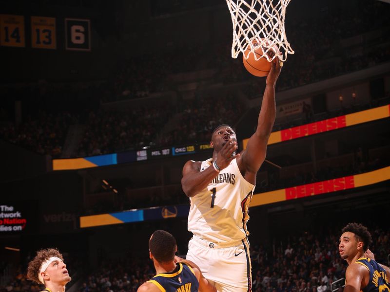 SAN FRANCISCO, CA - APRIL 12: Zion Williamson #1 of the New Orleans Pelicans shoots the ball during the game against the Golden State Warriors  on April 12, 2024 at Chase Center in San Francisco, California. NOTE TO USER: User expressly acknowledges and agrees that, by downloading and or using this photograph, user is consenting to the terms and conditions of Getty Images License Agreement. Mandatory Copyright Notice: Copyright 2024 NBAE (Photo by Jed Jacobsohn/NBAE via Getty Images)