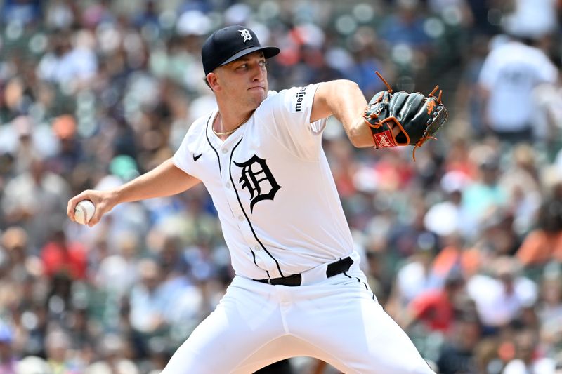 Jul 14, 2024; Detroit, Michigan, USA;  Detroit Tigers starting pitcher Beau Brieske (4) throws a pitch against the Los Angeles Dodgers in the first inning at Comerica Park. Mandatory Credit: Lon Horwedel-USA TODAY Sports