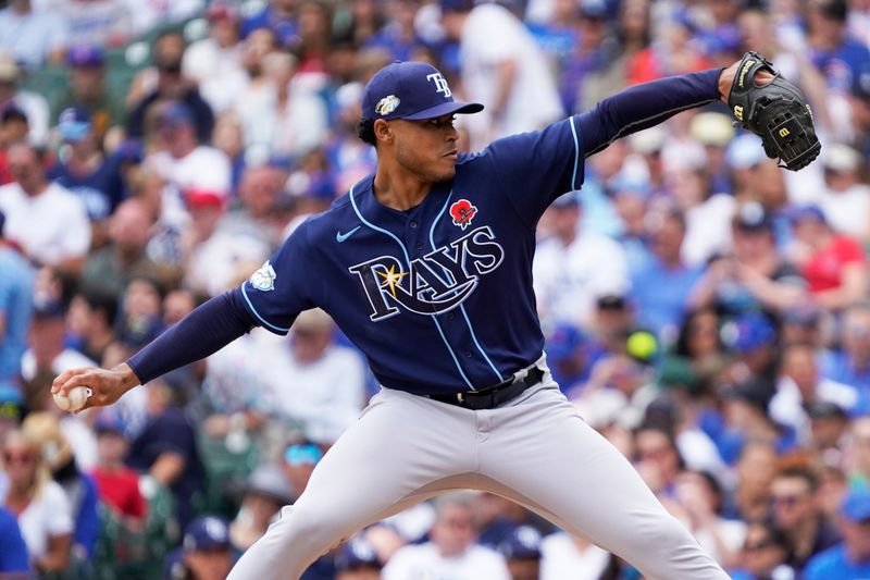 May 29, 2023; Chicago, Illinois, USA; Tampa Bay Rays starting pitcher Taj Bradley (45) throws the ball against the Chicago Cubs during the first inning at Wrigley Field. Mandatory Credit: David Banks-USA TODAY Sports