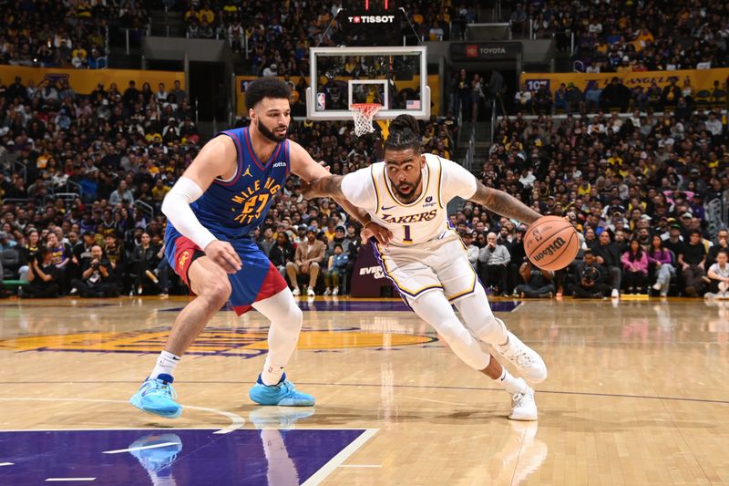 LOS ANGELES, CA - MARCH 2: D'Angelo Russell #1 of the Los Angeles Lakers drives to the basket during the game against the Denver Nuggets on March 2, 2024 at Crypto.Com Arena in Los Angeles, California. NOTE TO USER: User expressly acknowledges and agrees that, by downloading and/or using this Photograph, user is consenting to the terms and conditions of the Getty Images License Agreement. Mandatory Copyright Notice: Copyright 2024 NBAE (Photo by Andrew D. Bernstein/NBAE via Getty Images)