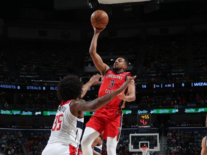 NEW ORLEANS, LA - FEBRUARY 14: CJ McCollum #3 of the New Orleans Pelicans drives to the basket during the game against the Washington Wizards on February 14, 2024 at the Smoothie King Center in New Orleans, Louisiana. NOTE TO USER: User expressly acknowledges and agrees that, by downloading and or using this Photograph, user is consenting to the terms and conditions of the Getty Images License Agreement. Mandatory Copyright Notice: Copyright 2024 NBAE (Photo by Layne Murdoch Jr./NBAE via Getty Images)