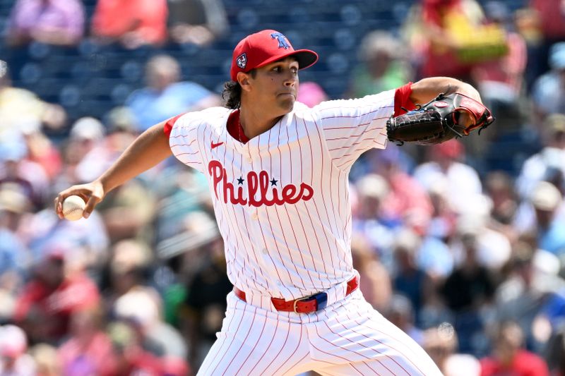 Mar 18, 2024; Clearwater, Florida, USA;Philadelphia Phillies starting pitcher Tyler Phillips (72) throws a pitch in the first inning of the spring training game against the Pittsburgh Pirates  at BayCare Ballpark. Mandatory Credit: Jonathan Dyer-USA TODAY Sports