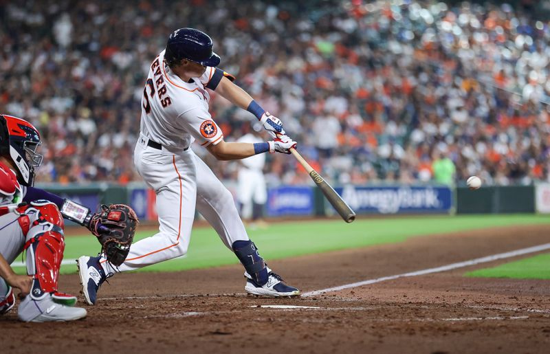 Jul 4, 2023; Houston, Texas, USA; Houston Astros center fielder Jake Meyers (6) hits an infield single during the fifth inning against the Colorado Rockies at Minute Maid Park. Mandatory Credit: Troy Taormina-USA TODAY Sports