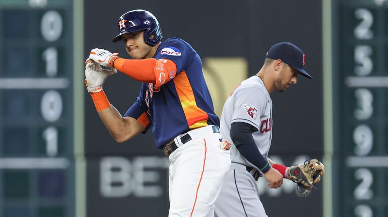 Aug 1, 2023; Houston, Texas, USA; Houston Astros shortstop Jeremy Pena (3) motions to the dugout after hitting a double during the first inning against the Cleveland Guardians at Minute Maid Park. Mandatory Credit: Troy Taormina-USA TODAY Sports