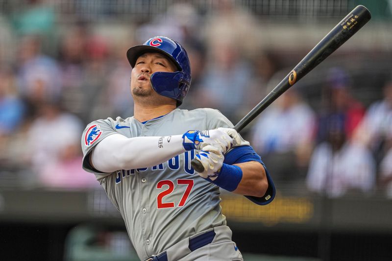 May 14, 2024; Cumberland, Georgia, USA; Chicago Cubs right fielder Seiya Suzuki (27) strikes out against the Atlanta Braves during the first inning at Truist Park. Mandatory Credit: Dale Zanine-USA TODAY Sports