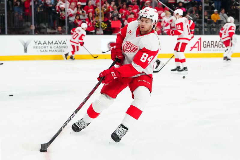 Mar 22, 2025; Las Vegas, Nevada, USA; Detroit Red Wings defenseman William Lagesson (84) warms up before a game against the Vegas Golden Knights at T-Mobile Arena. Mandatory Credit: Stephen R. Sylvanie-Imagn Images