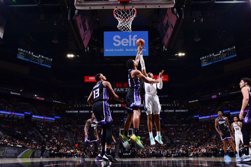 SAN ANTONIO, TX - NOVEMBER 11: Keldon Johnson #0 of the San Antonio Spurs shoots the ball during the game against the Sacramento Kings on November 11, 2024 at the Frost Bank Center in San Antonio, Texas. NOTE TO USER: User expressly acknowledges and agrees that, by downloading and or using this photograph, user is consenting to the terms and conditions of the Getty Images License Agreement. Mandatory Copyright Notice: Copyright 2024 NBAE (Photos by Garrett Ellwood/NBAE via Getty Images)