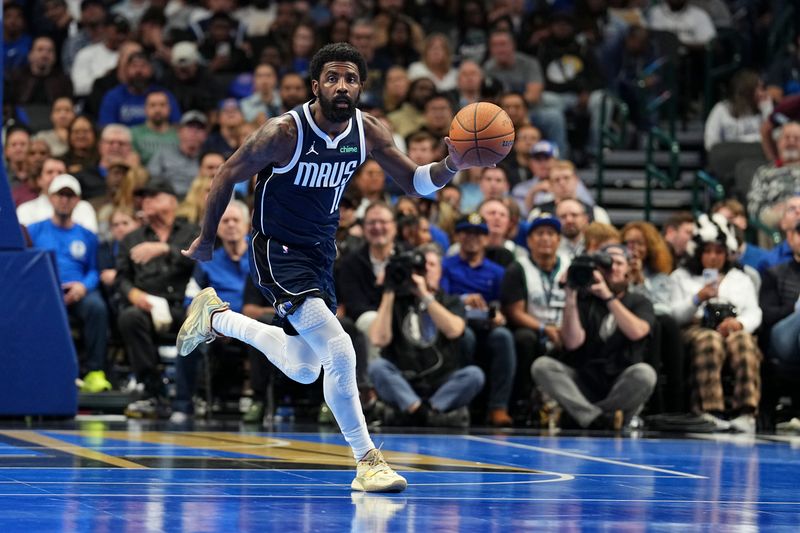 DALLAS, TX - November 19: Kyrie Irving #11 of the Dallas Mavericks dribbles the ball during the NBA Cup game against the New Orleans Pelicans on November 19, 2024 at American Airlines Center in Dallas, Texas. NOTE TO USER: User expressly acknowledges and agrees that, by downloading and or using this photograph, User is consenting to the terms and conditions of the Getty Images License Agreement. Mandatory Copyright Notice: Copyright 2024 NBAE (Photo by Glenn James/NBAE via Getty Images)