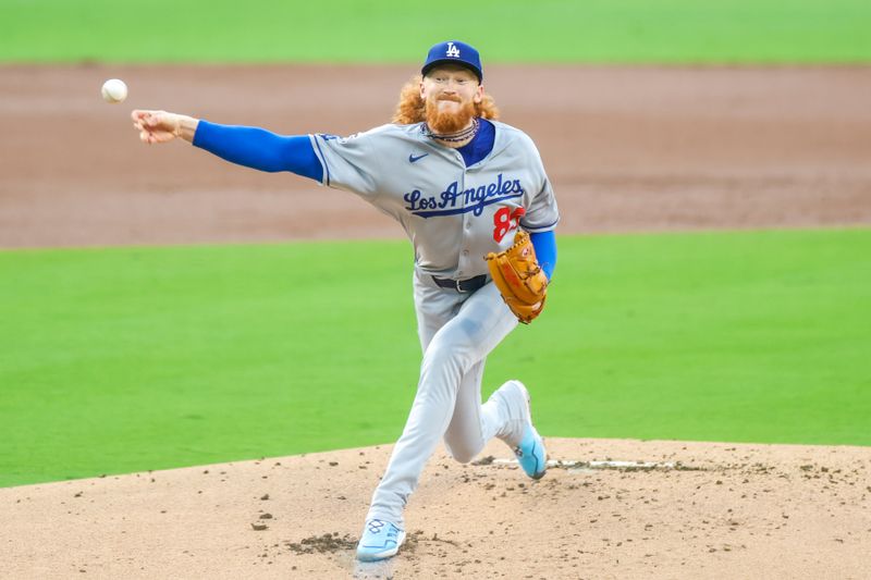 Jun 9, 2025; San Diego, California, USA; Los Angeles Dodgers starting pitcher Dustin May (85) throws a pitch during the first inning against the San Diego Padres at Petco Park. Mandatory Credit: David Frerker-Imagn Images