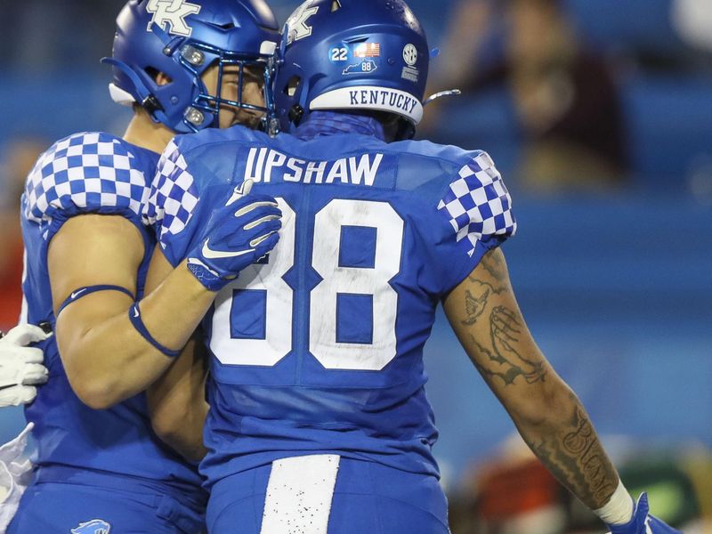 Oct 10, 2020; Lexington, Kentucky, USA; Kentucky Wildcats tight end Keaton Upshaw (88) celebrates with a teammate after scoring a touchdown against the Mississippi State Bulldogs in the first half at Kroger Field. Mandatory Credit: Katie Stratman-USA TODAY Sports